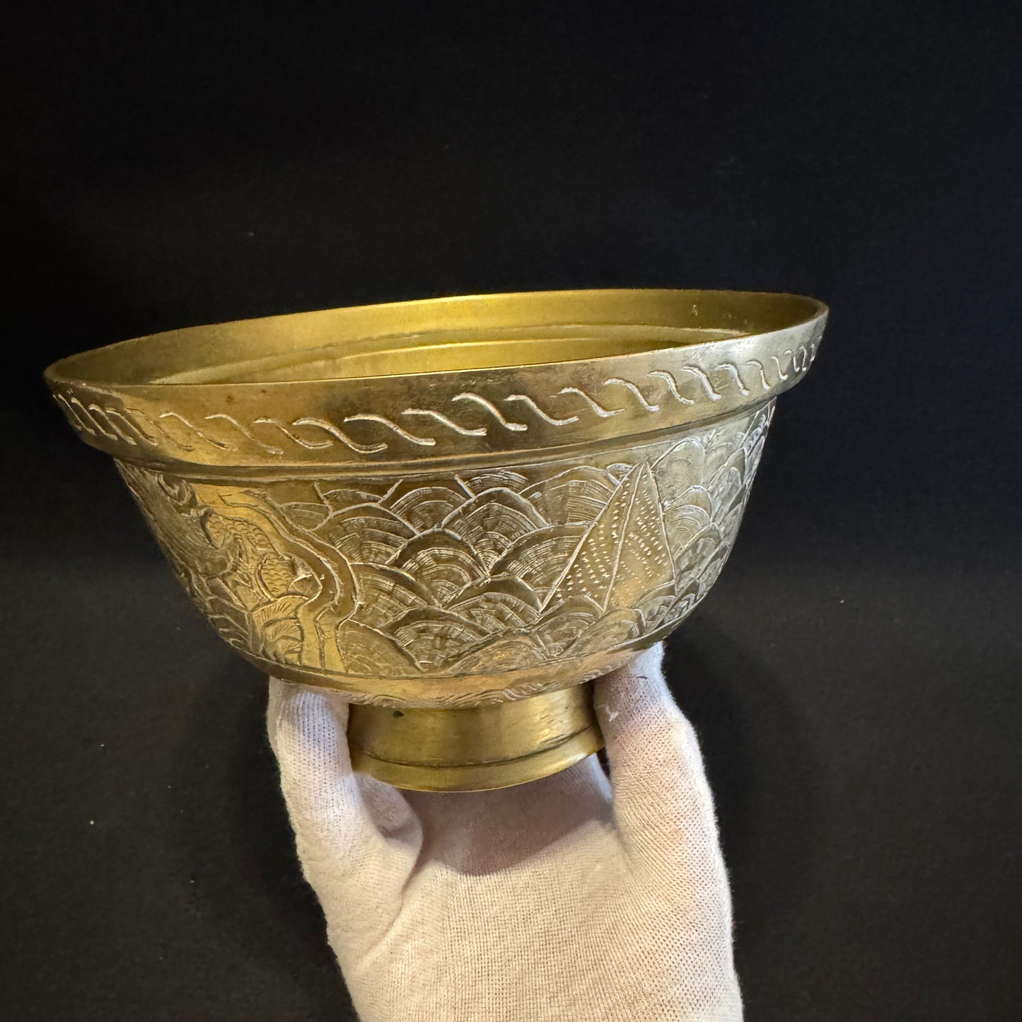 Old Oriental Engraved Brass Offering Bowl. Signed.
