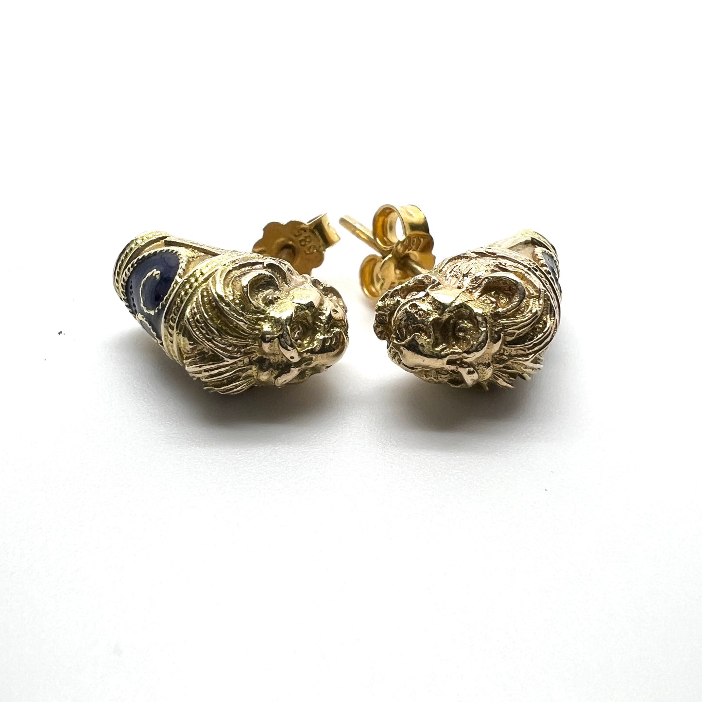 South Asia Vintage 14k Gold Dark Blue Enamel Lion's Head Pair of Stud Earrings.