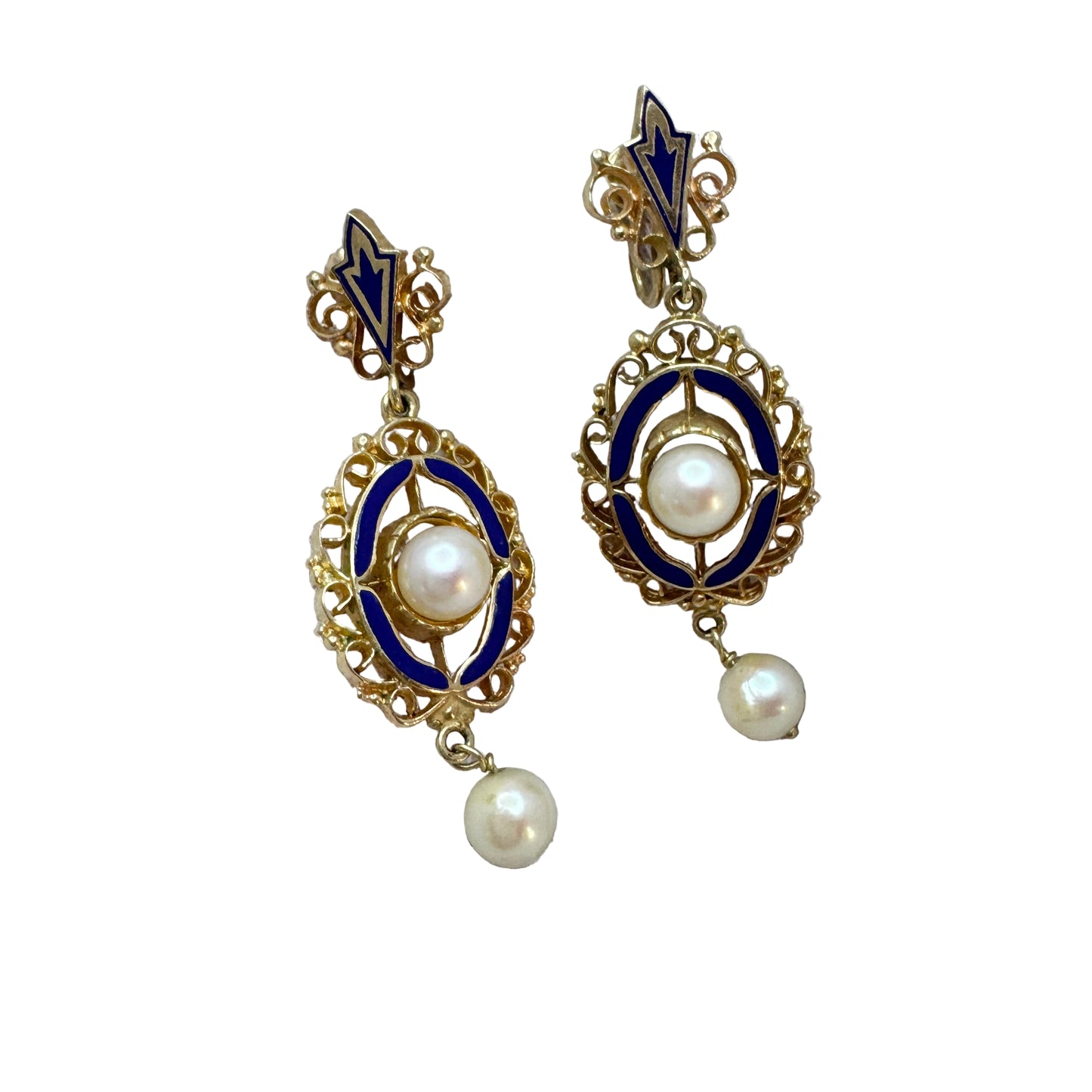 Vintage 1930-40s. 14k Gold Enamel Pearl Earrings.