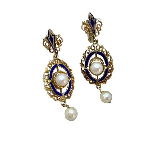 Vintage 1930-40s. 14k Gold Enamel Pearl Earrings.