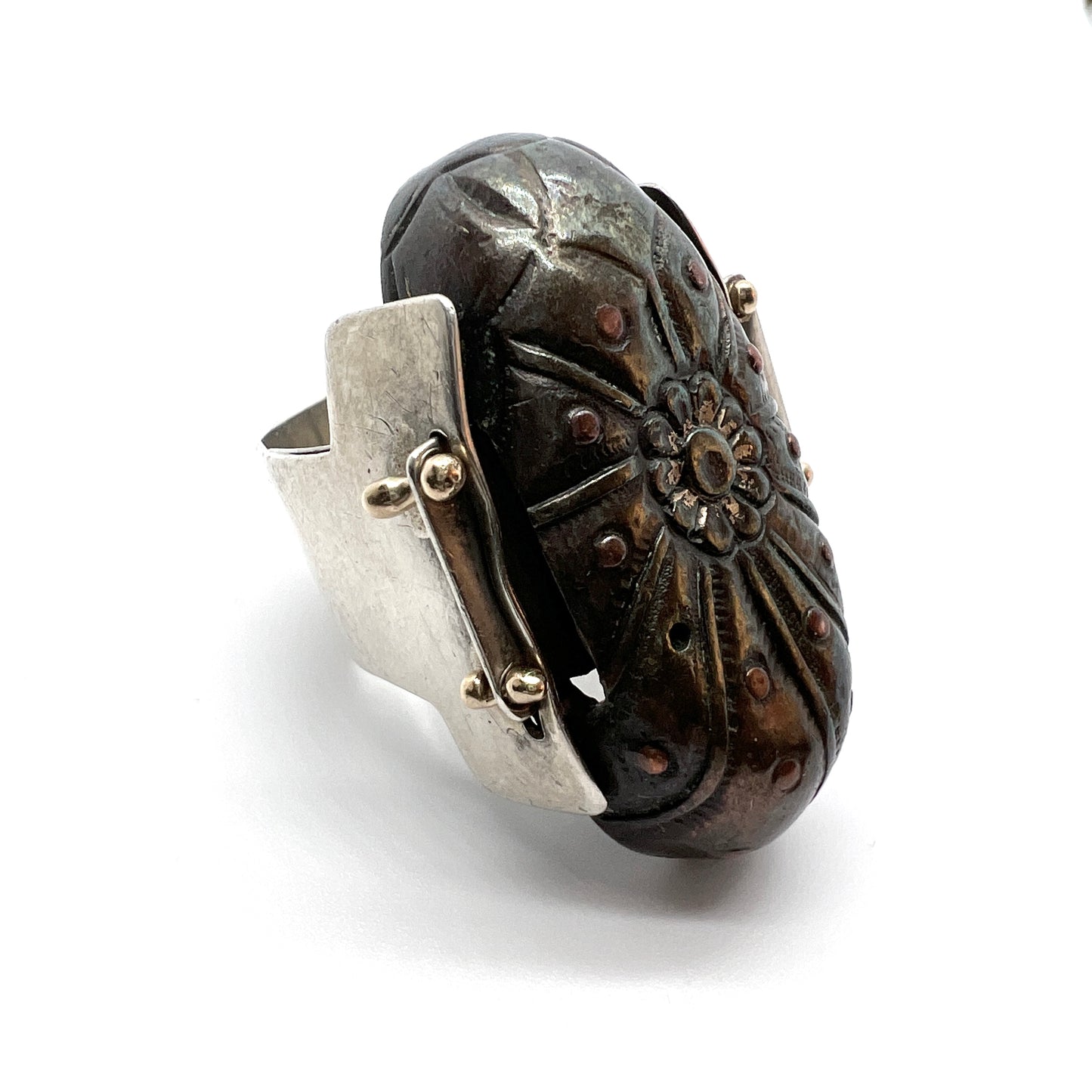 Vintage Silver Ring with Antique Copper Japanese Pommel Kashira.