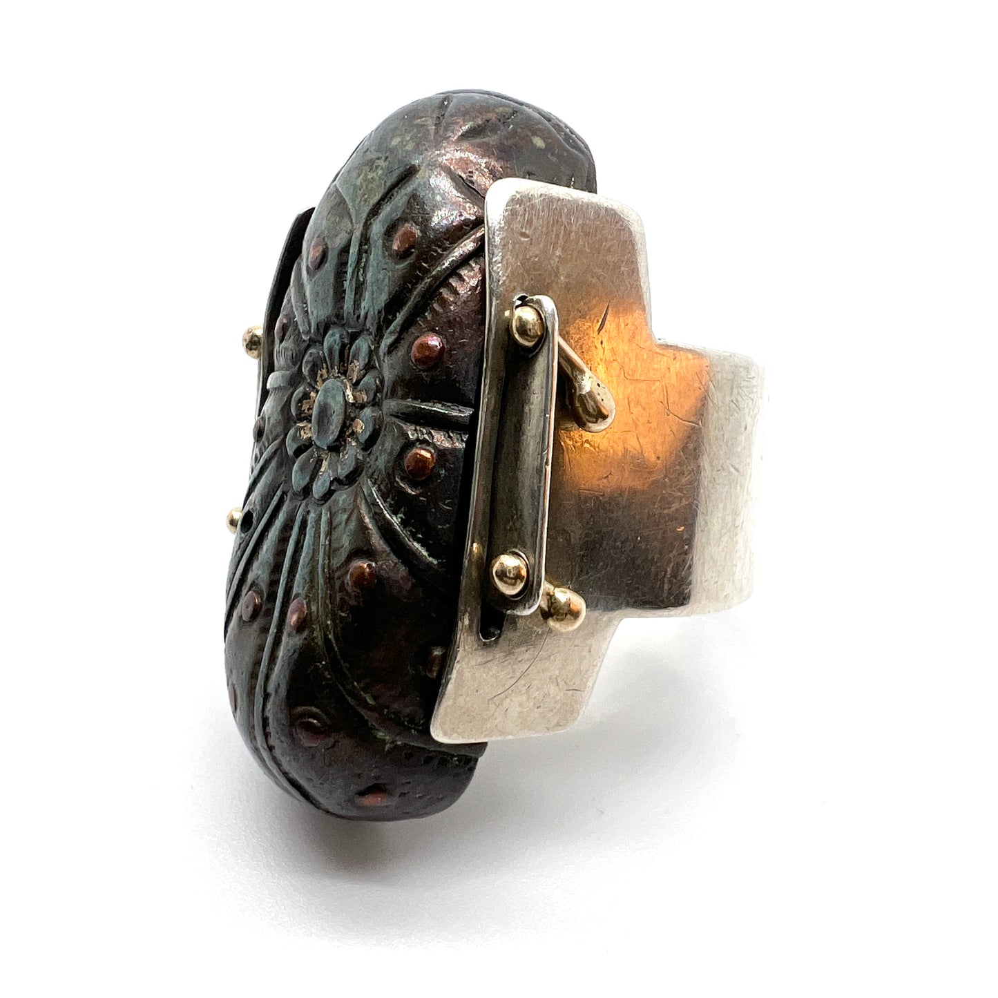 Vintage Silver Ring with Antique Copper Japanese Pommel Kashira.