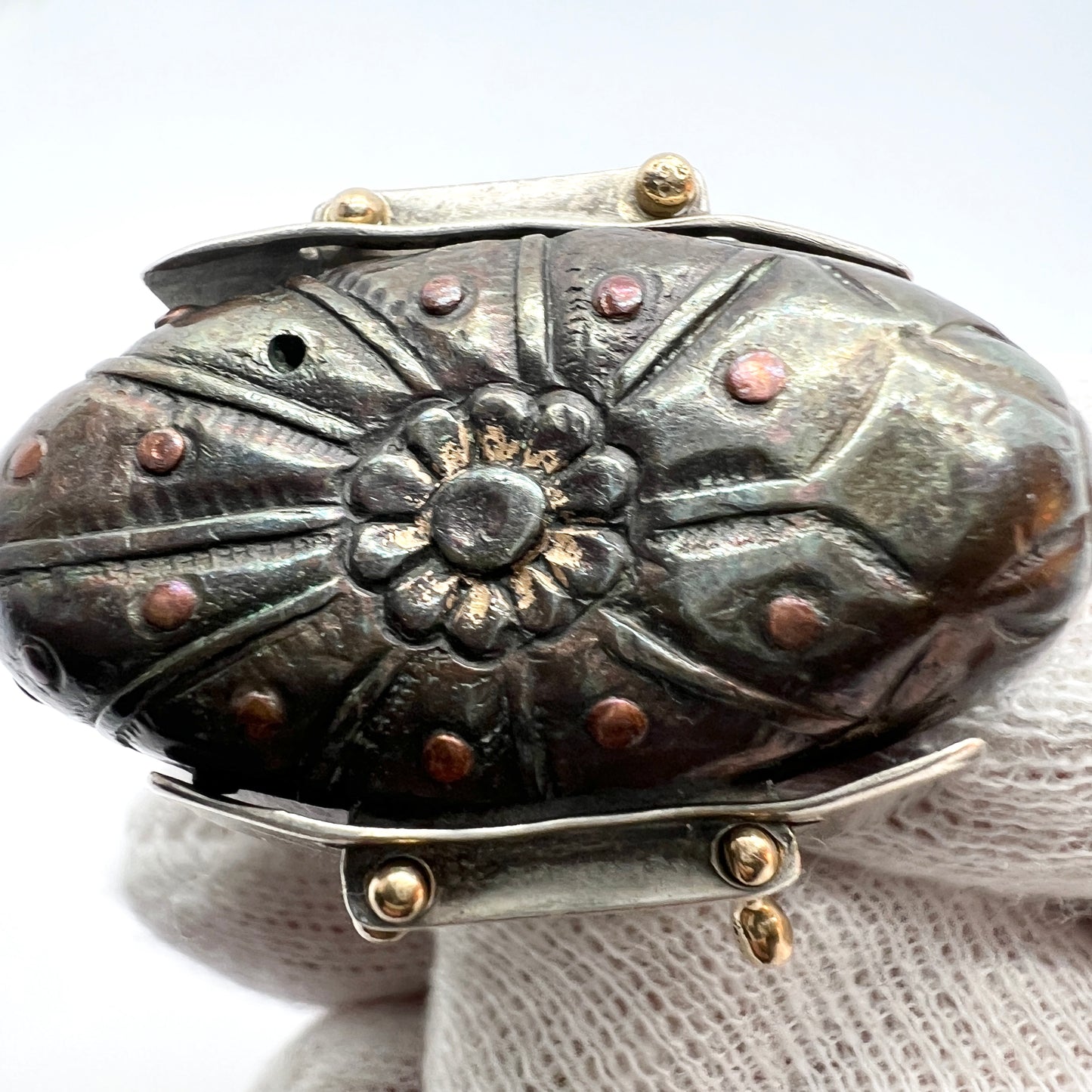 Vintage Silver Ring with Antique Copper Japanese Pommel Kashira.