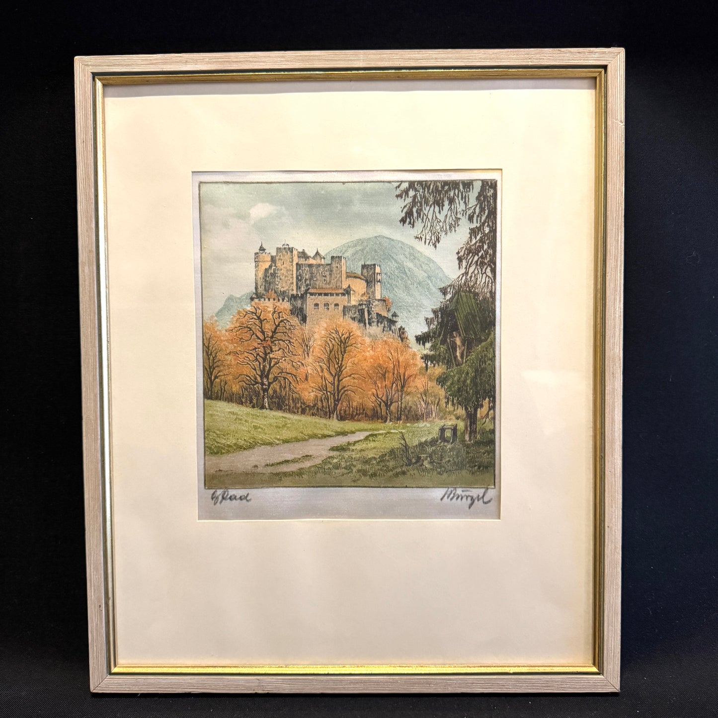 Ludwig Bürgel Vintage Mid Century Etching on Silk. Festung Hohensalzburg