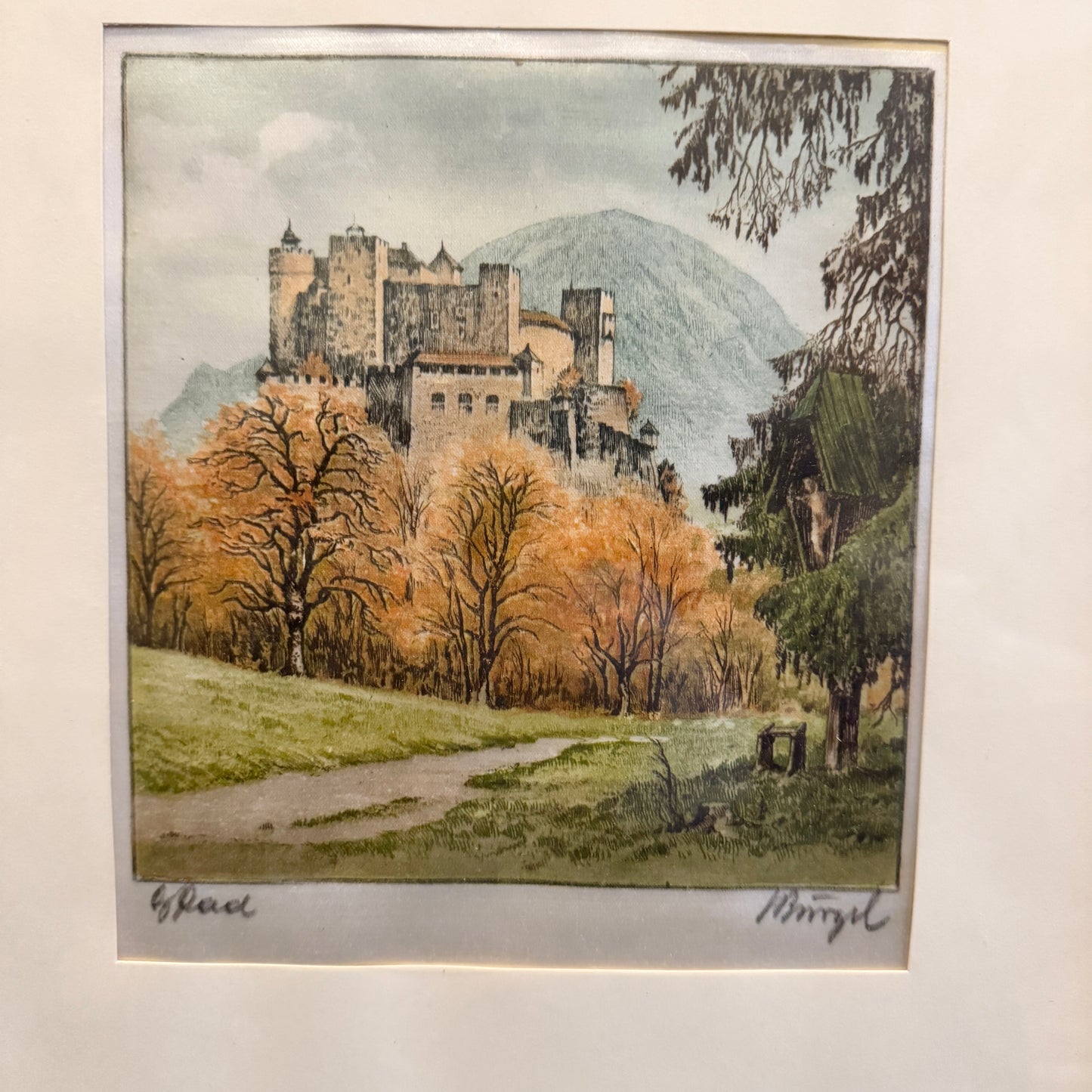 Ludwig Bürgel Vintage Mid Century Etching on Silk. Festung Hohensalzburg