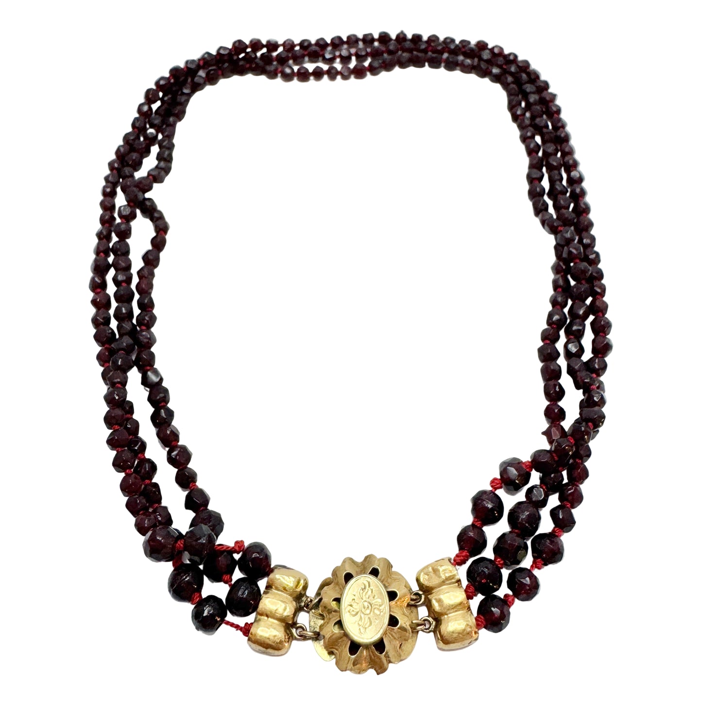Antique Victorian Dutch 14k Gold 3-strand Garnet Necklace.