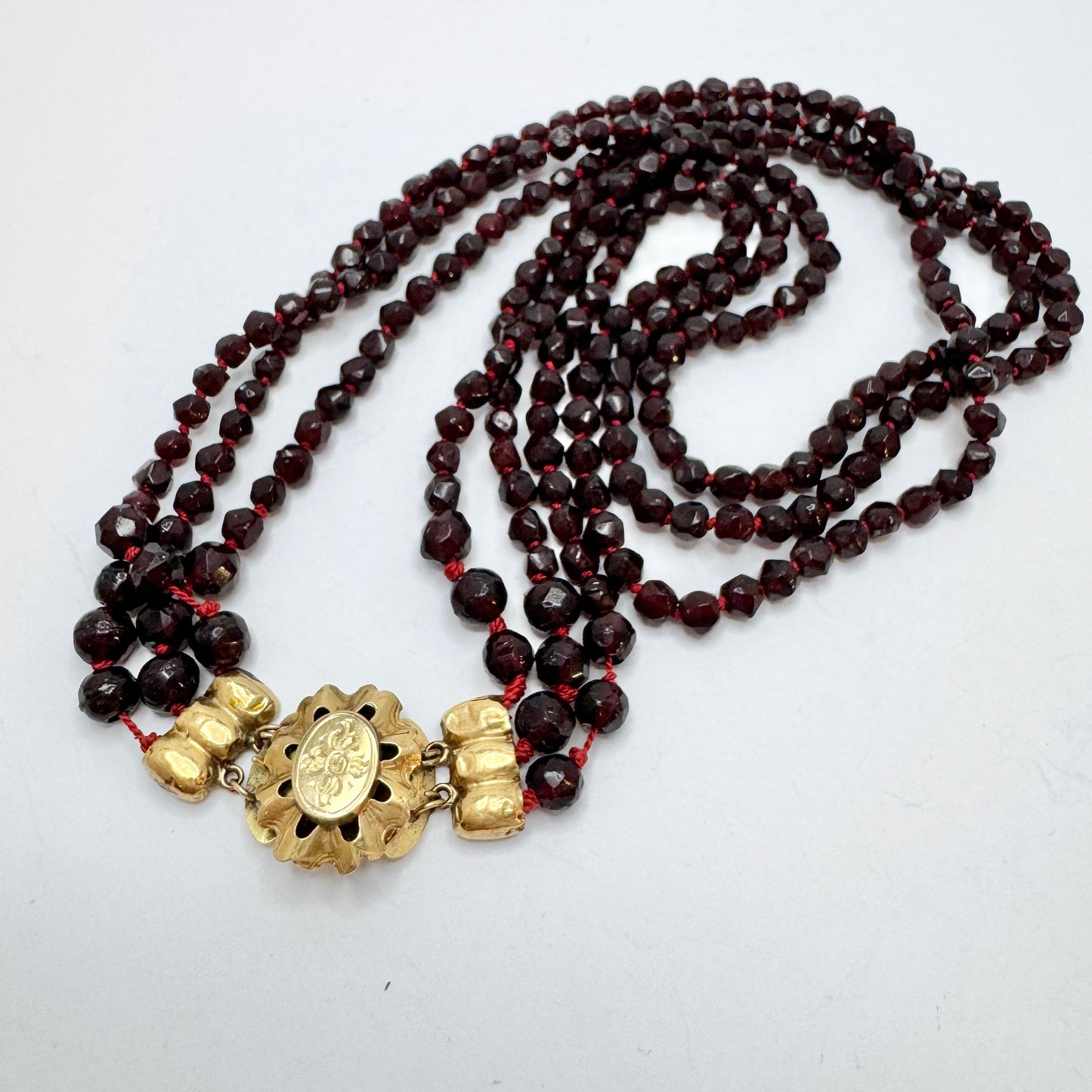 Antique Victorian Dutch 14k Gold 3-strand Garnet Necklace.
