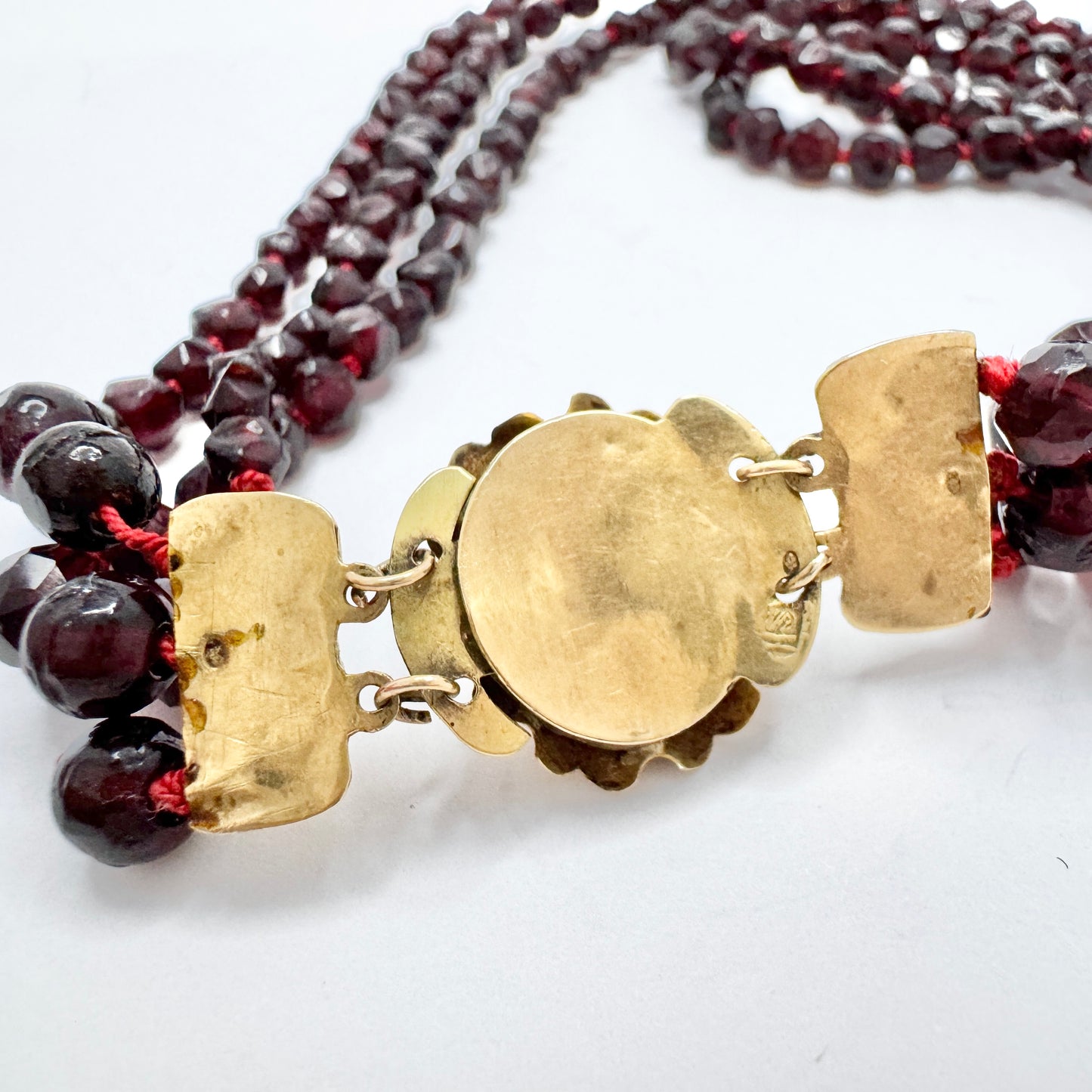 Antique Victorian Dutch 14k Gold 3-strand Garnet Necklace.