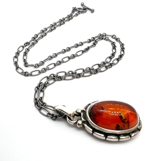 Georg Jensen, Denmark. Vintage Sterling Silver Amber Pendant Necklace. Heritage Collection 2001.