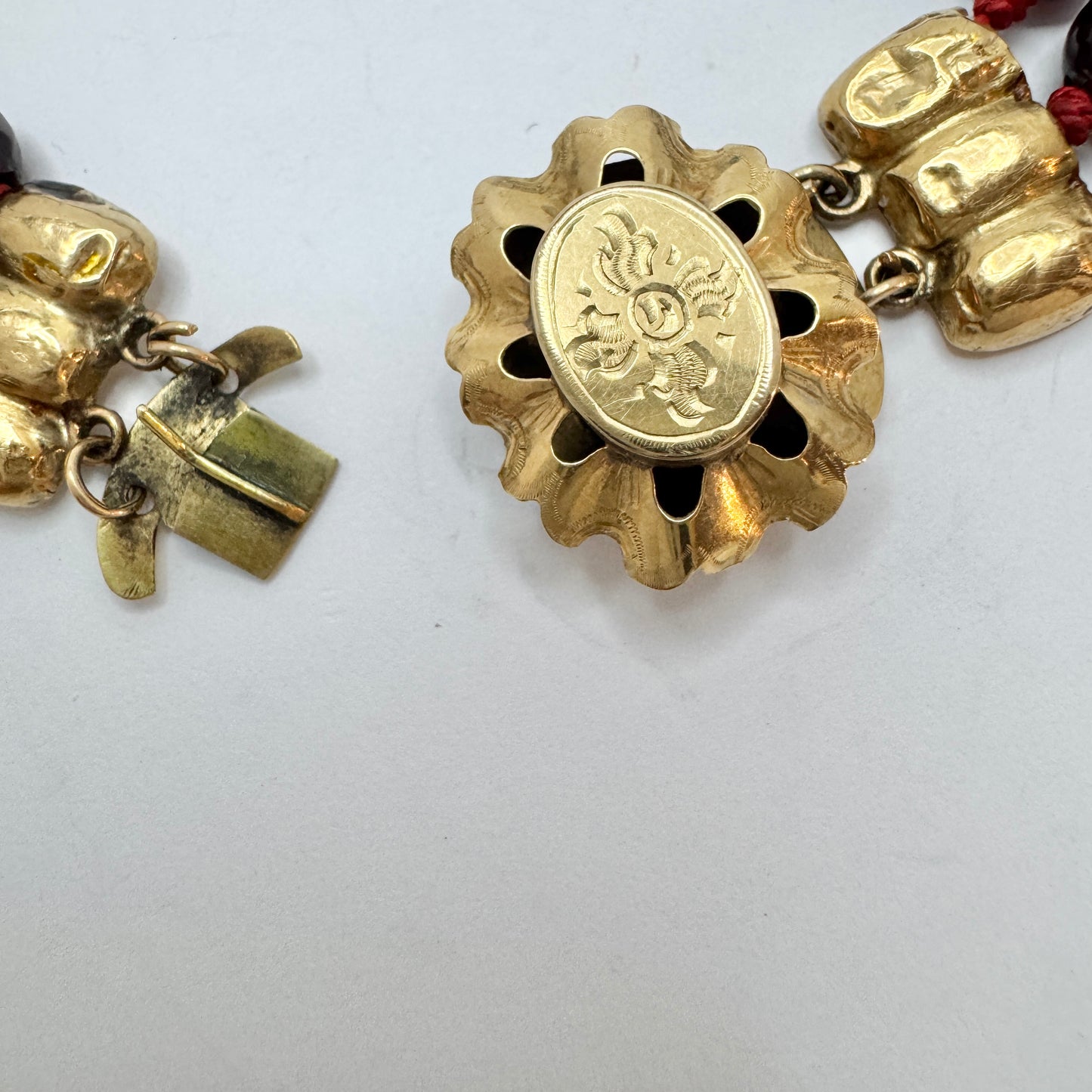 Antique Victorian Dutch 14k Gold 3-strand Garnet Necklace.