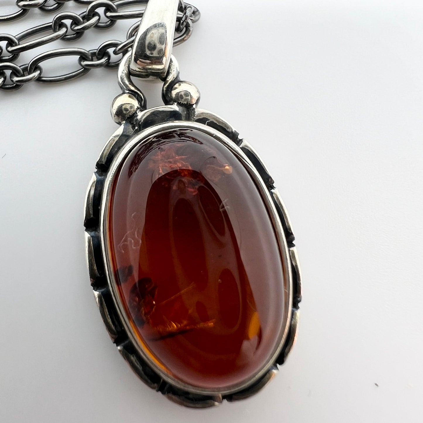 Georg Jensen, Denmark. Vintage Sterling Silver Amber Pendant Necklace. Heritage Collection 2001.