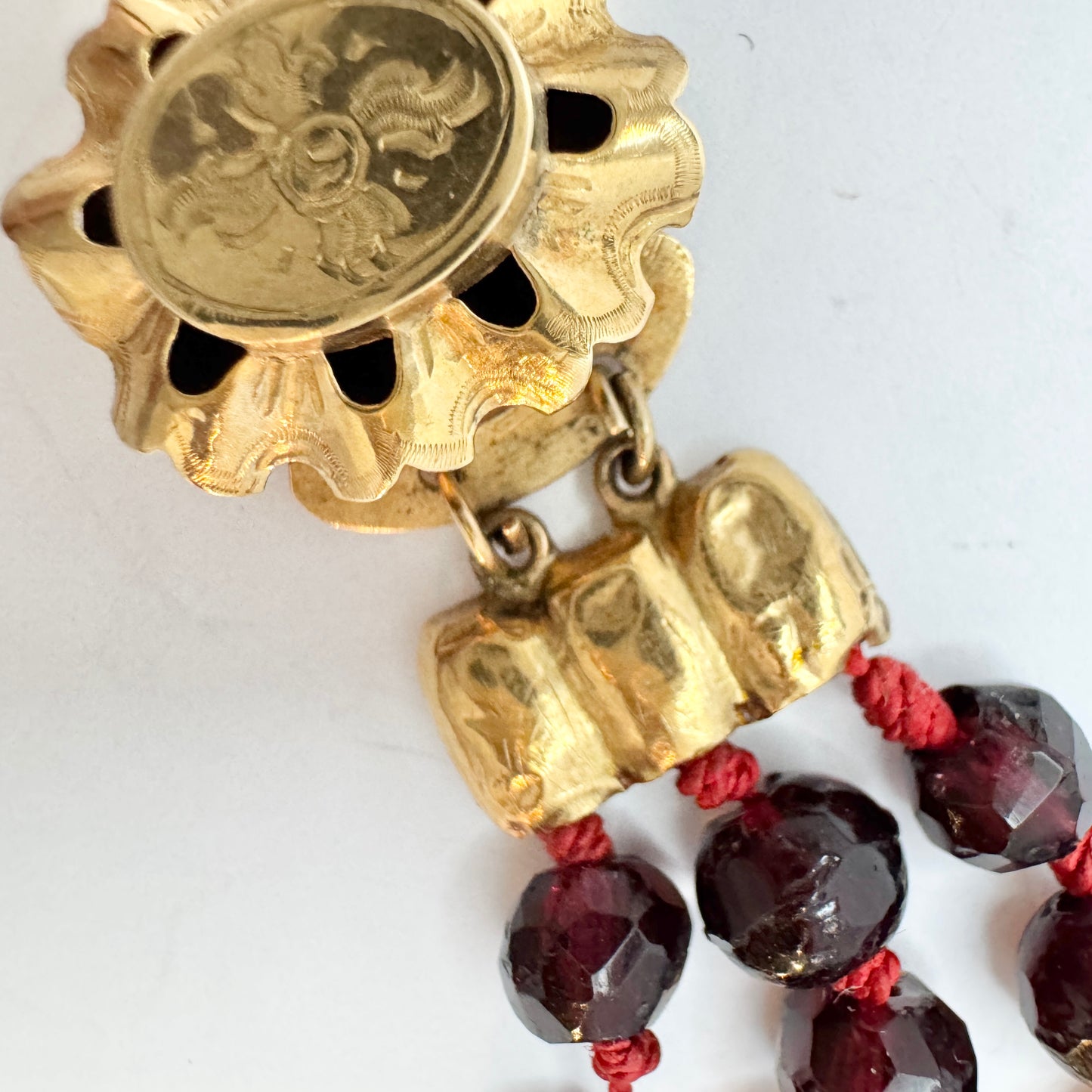 Antique Victorian Dutch 14k Gold 3-strand Garnet Necklace.