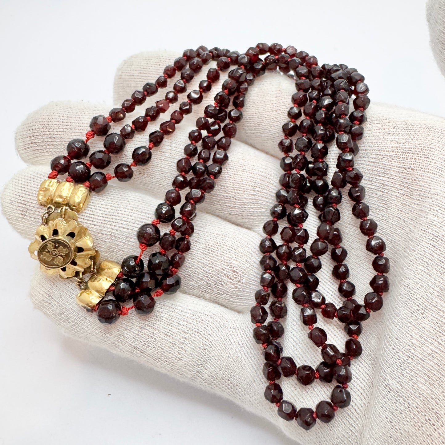 Antique Victorian Dutch 14k Gold 3-strand Garnet Necklace.