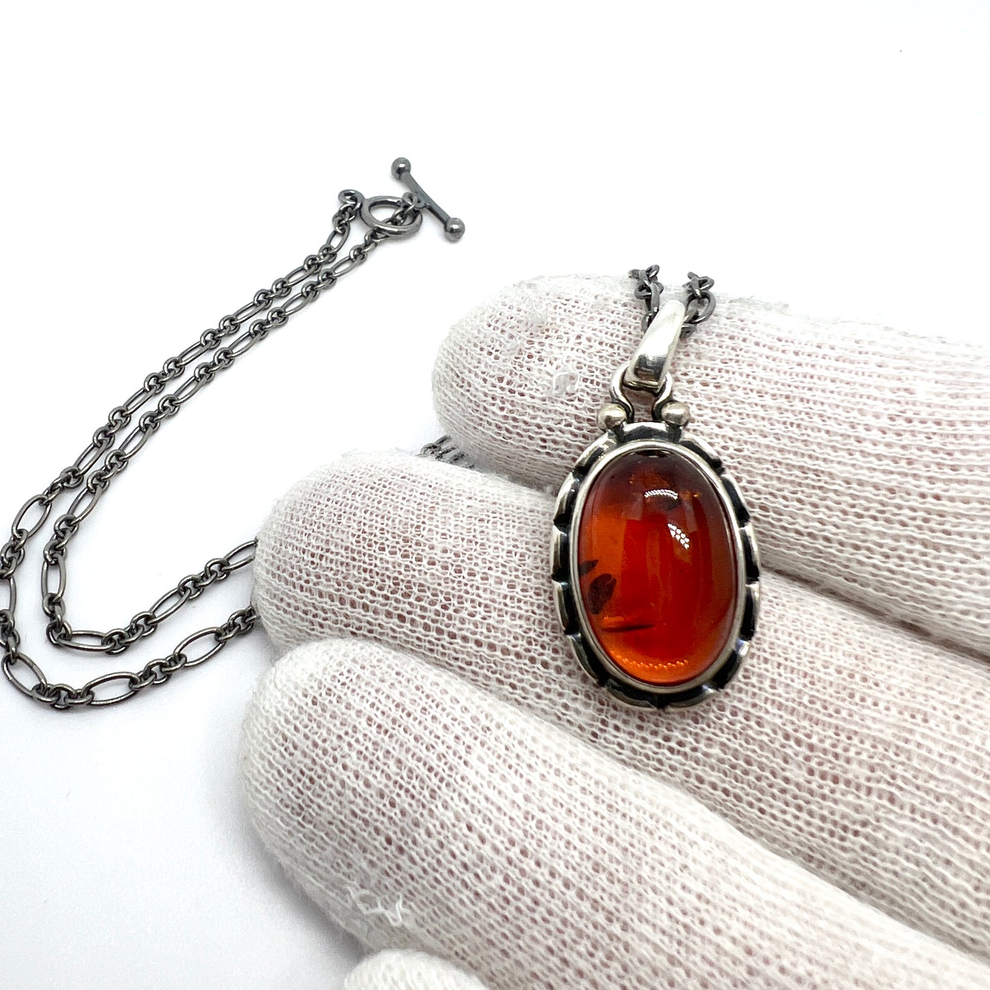 Georg Jensen, Denmark. Vintage Sterling Silver Amber Pendant Necklace. Heritage Collection 2001.