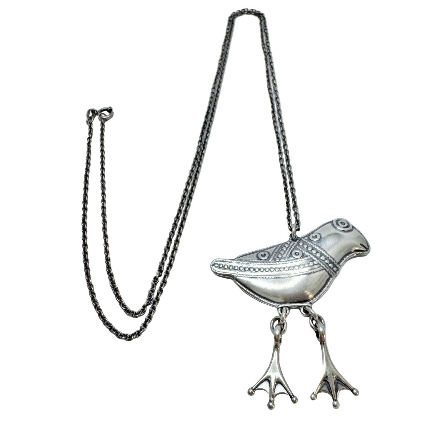 Kalevala Koru, Finland. Large Vintage Sterling Silver Bird Pendant Long Chain Necklace.