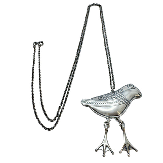 Kalevala Koru, Finland. Large Vintage Sterling Silver Bird Pendant Long Chain Necklace.