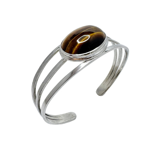Vintage 1960-70s Solid Silver Tiger's Eye  Cuff Bracelet.