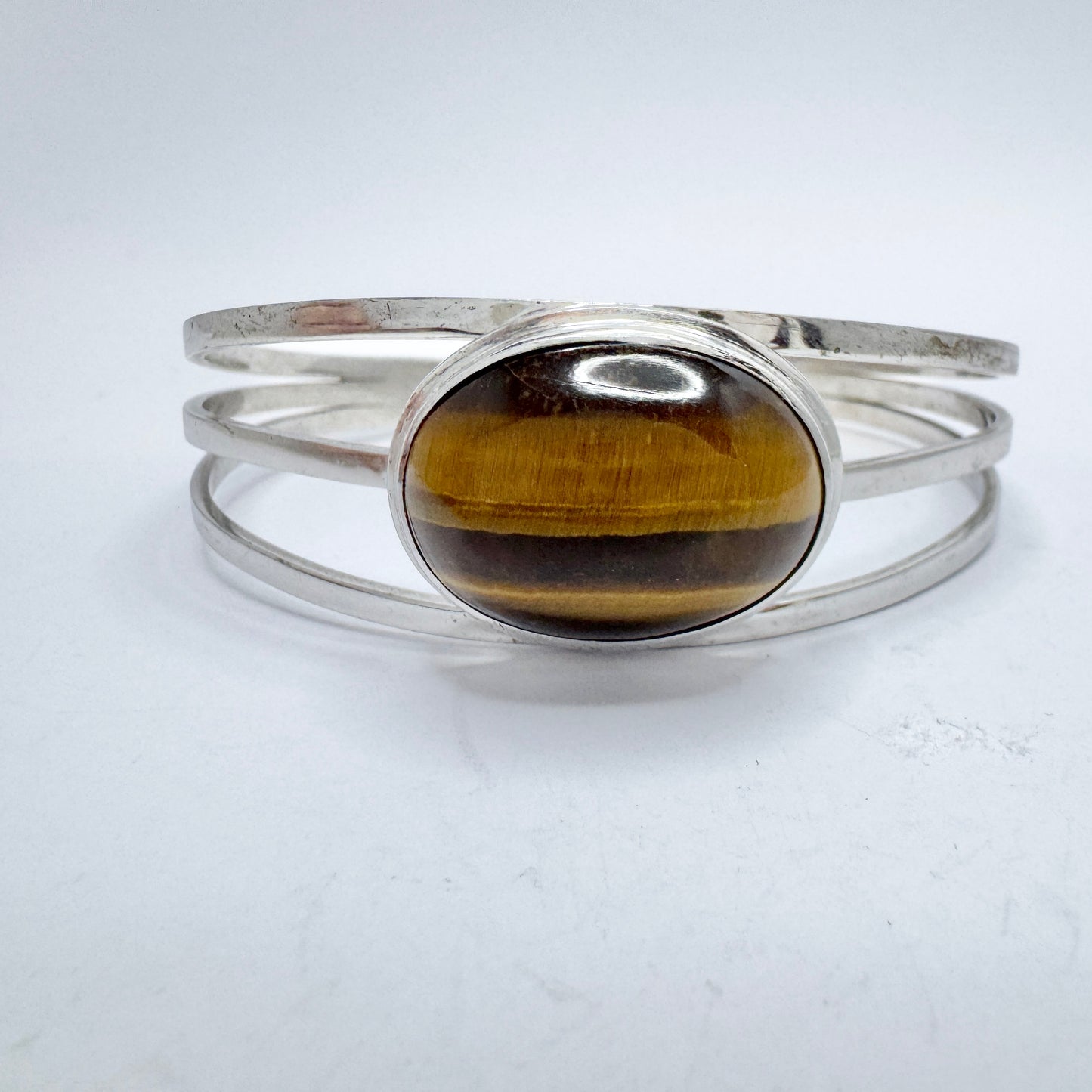 Vintage 1960-70s Solid Silver Tiger's Eye  Cuff Bracelet.