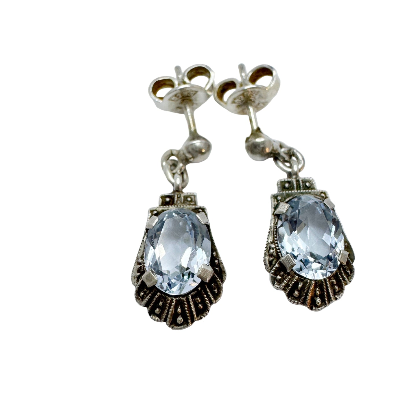 Vintage 1930s-40s Solid Silver Blue Synthetic Spinel Earrings.