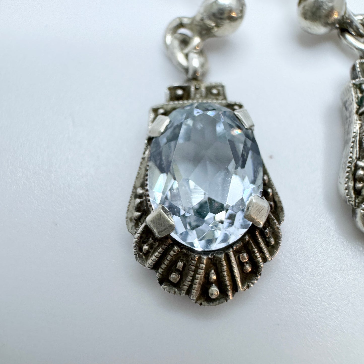 Vintage 1930s-40s Solid Silver Blue Synthetic Spinel Earrings.