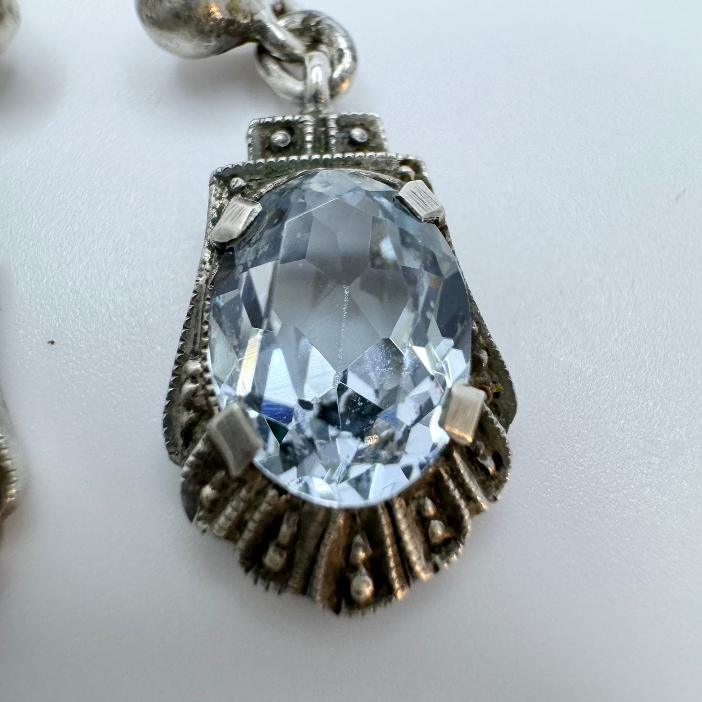 Vintage 1930s-40s Solid Silver Blue Synthetic Spinel Earrings.