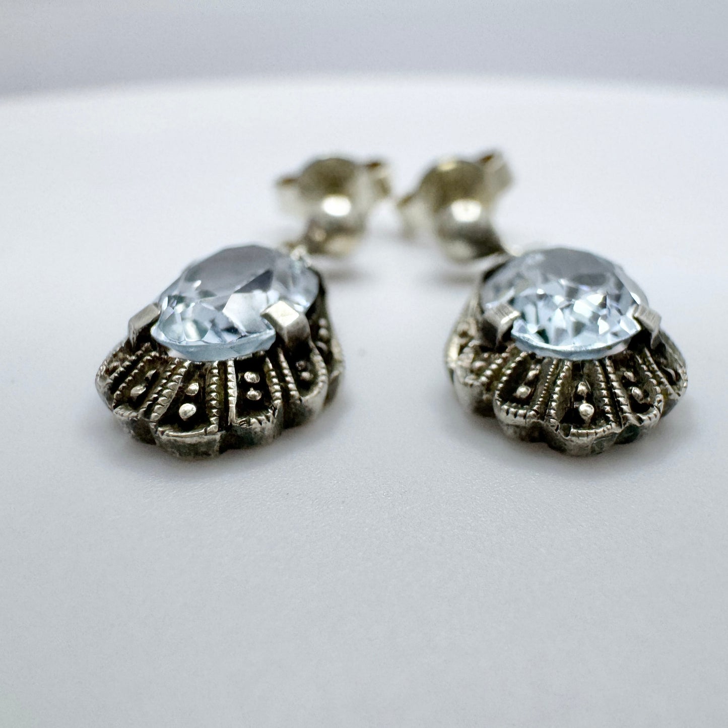 Vintage 1930s-40s Solid Silver Blue Synthetic Spinel Earrings.