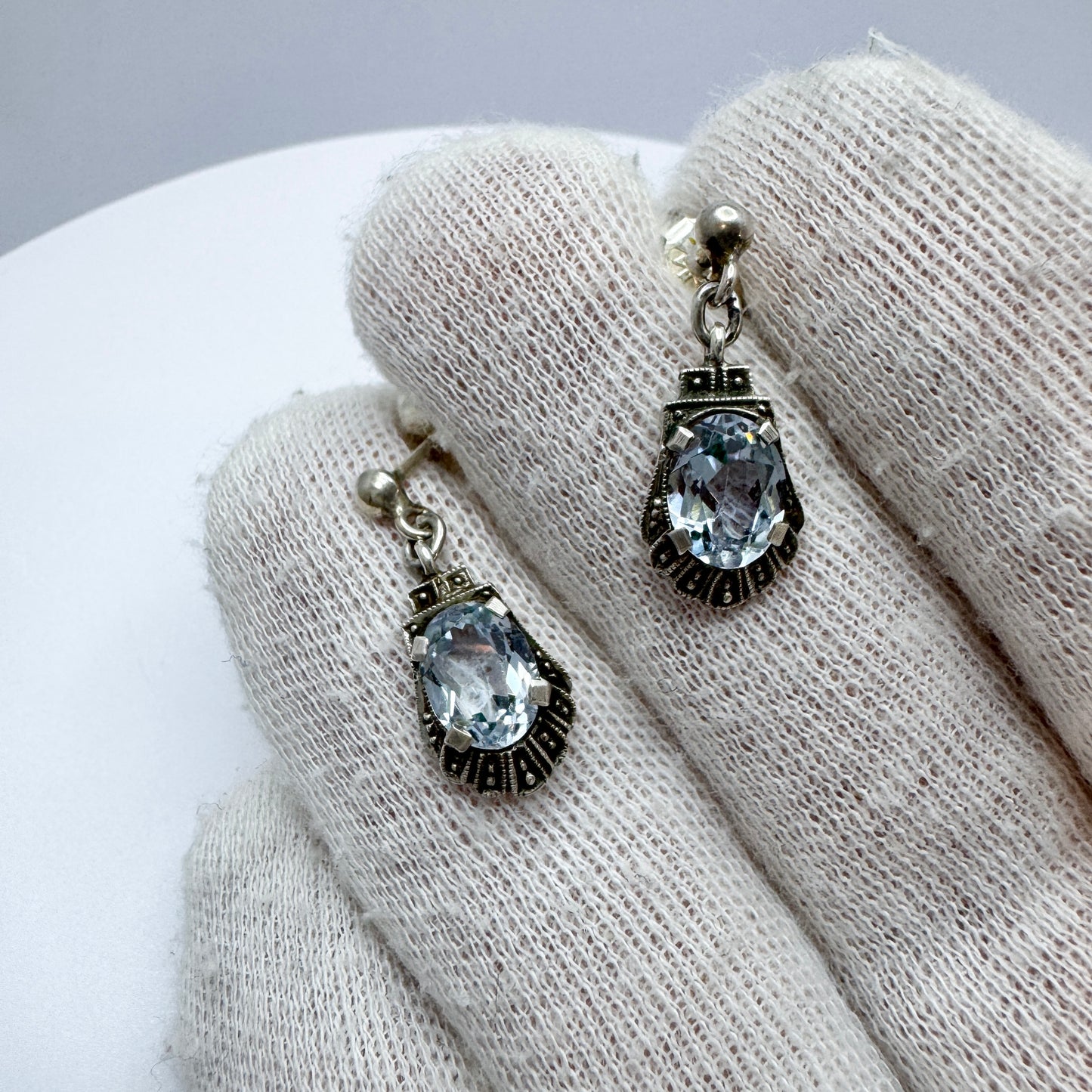 Vintage 1930s-40s Solid Silver Blue Synthetic Spinel Earrings.
