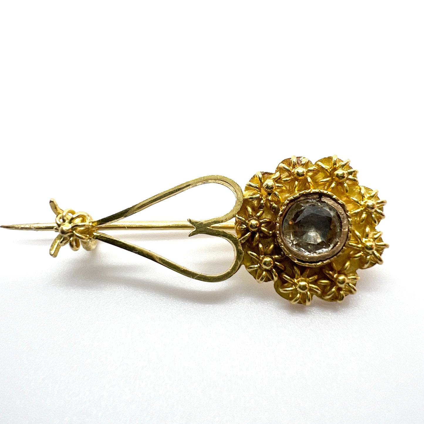 AM Ekeblad, Sweden 1878-82, Antique Victorian, 18k Gold Paste Stone Small Heart Flower Brooch.