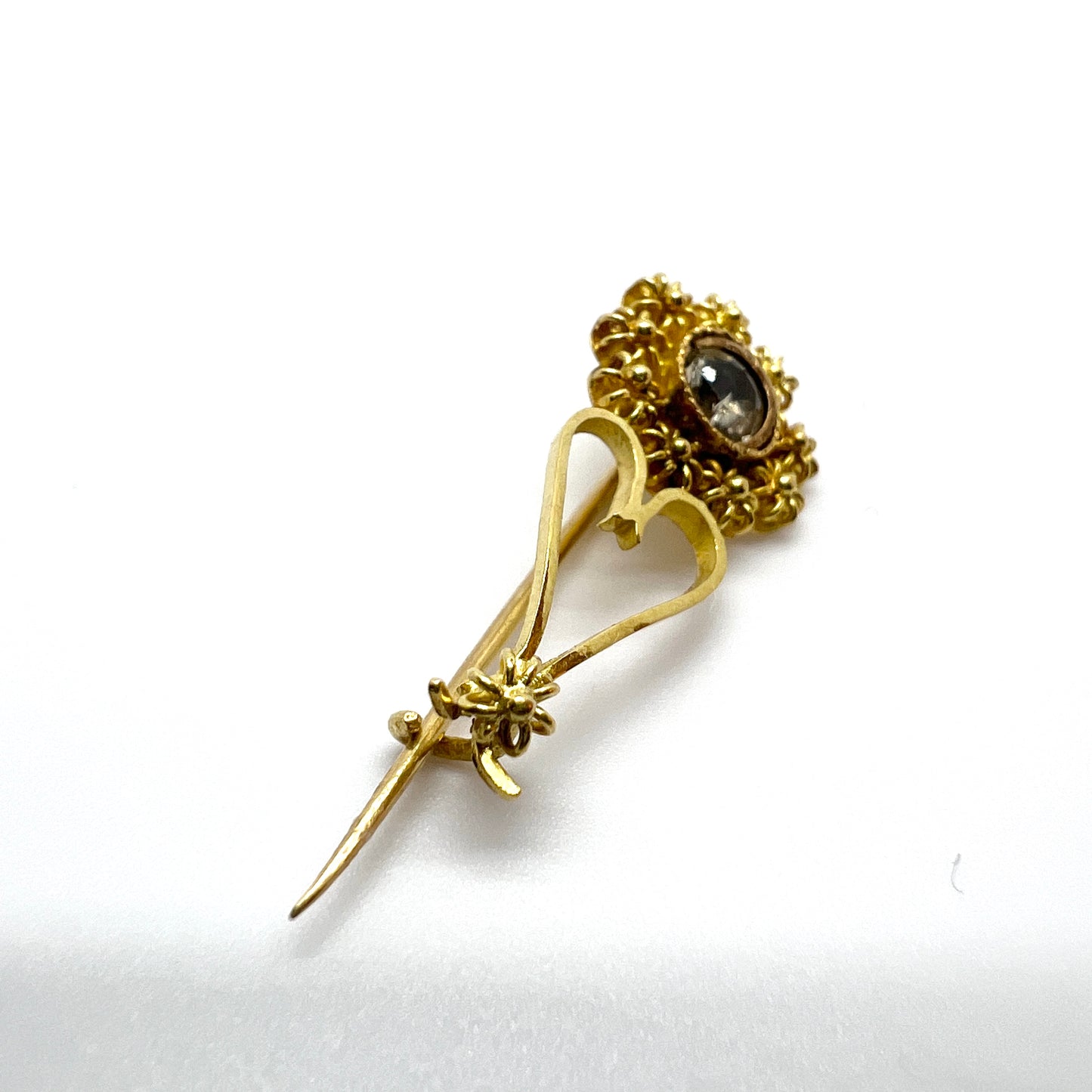 AM Ekeblad, Sweden 1878-82, Antique Victorian, 18k Gold Paste Stone Small Heart Flower Brooch.