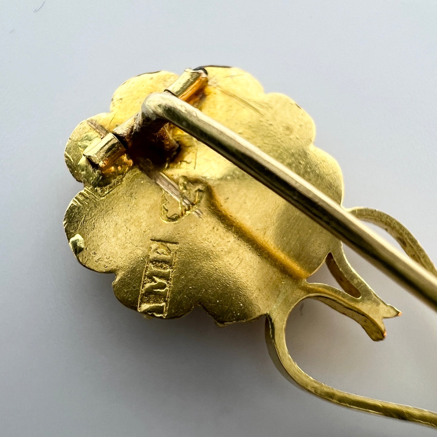 AM Ekeblad, Sweden 1878-82, Antique Victorian, 18k Gold Paste Stone Small Heart Flower Brooch.