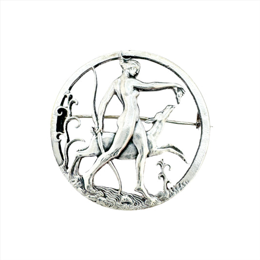 Tore Strindberg for Sporrong, Sweden 1952. Vintage Sterling Silver Goddess Diana Brooch.