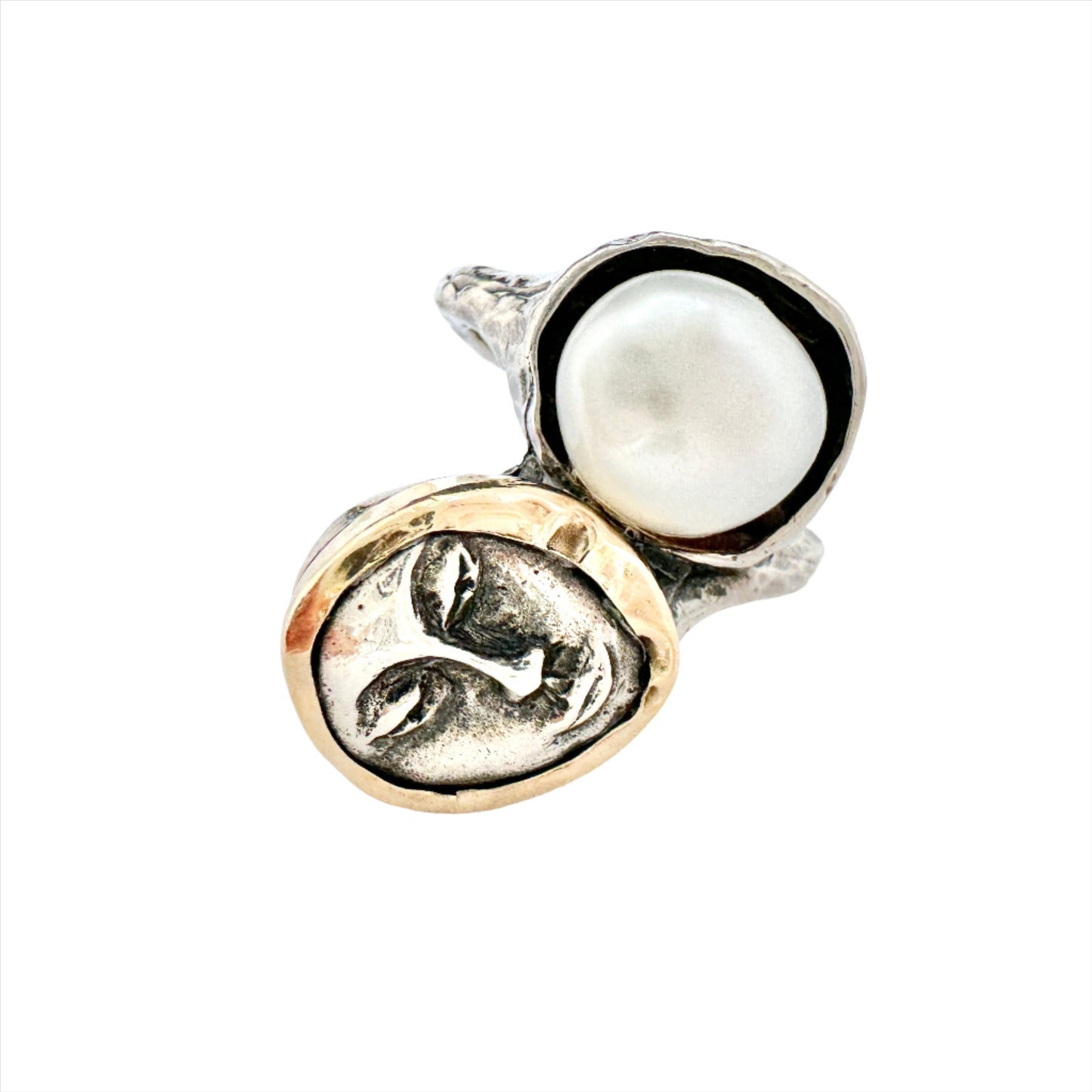 Vintage Sterling Silver 14k Gold Cultured Pearl Face Ring.