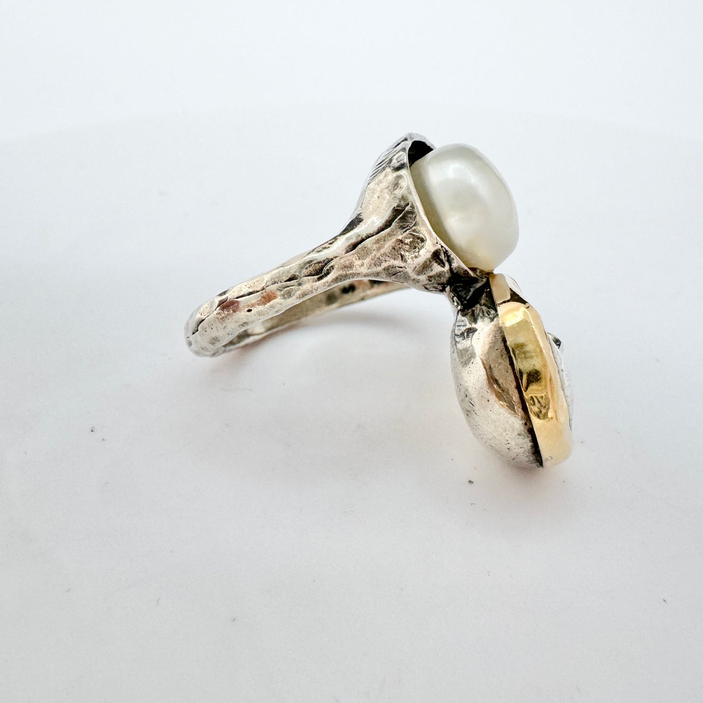 Vintage Sterling Silver 14k Gold Cultured Pearl Face Ring.