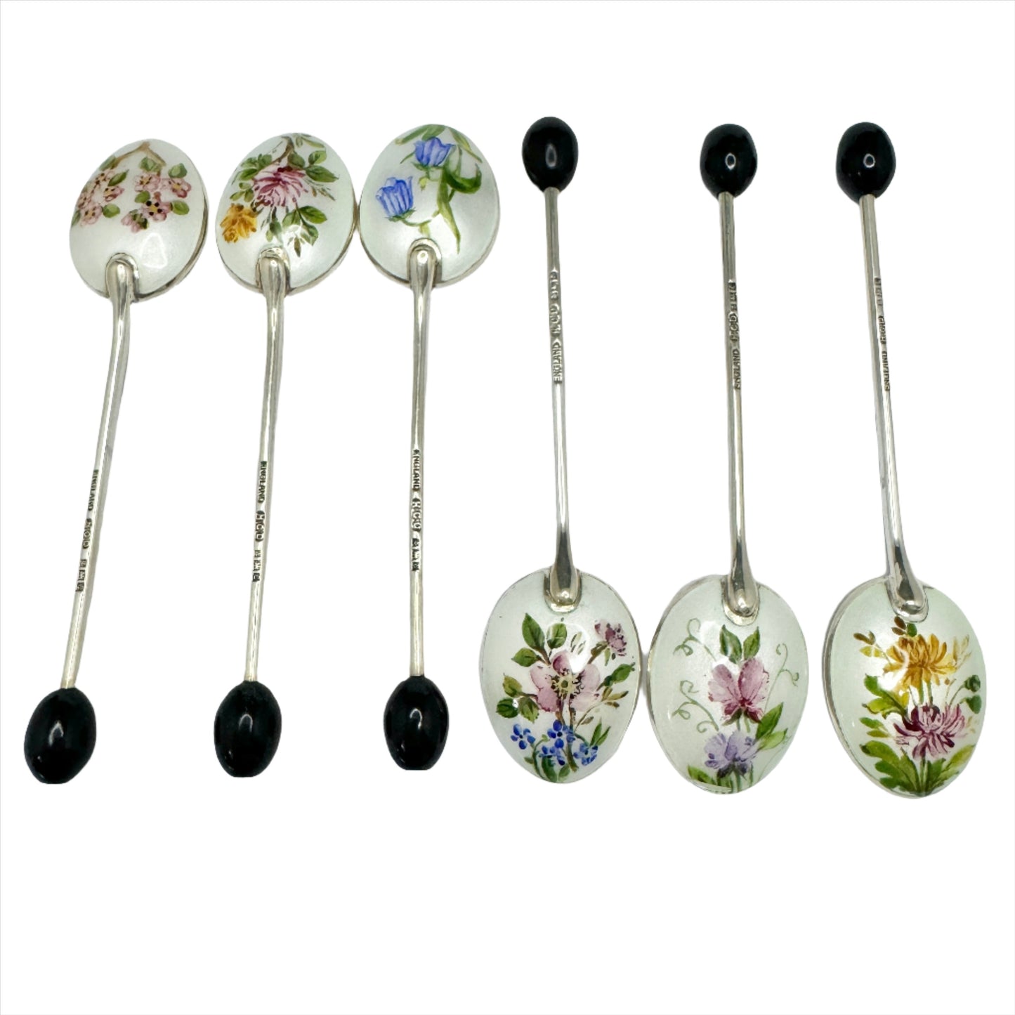 Henry Clifford Davis, Birmingham 1954. Vintage Sterling Silver Enamel Coffee Bean Spoons. Boxed.