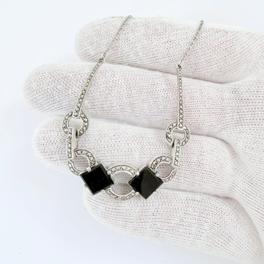 Vintage c 1930s Art Deco Solid Silver Onyx Marcasite Necklace.