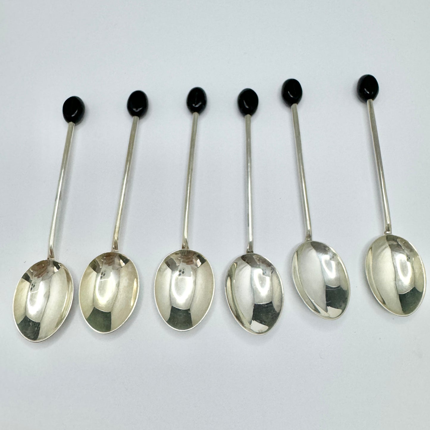 Henry Clifford Davis, Birmingham 1954. Vintage Sterling Silver Enamel Coffee Bean Spoons. Boxed.