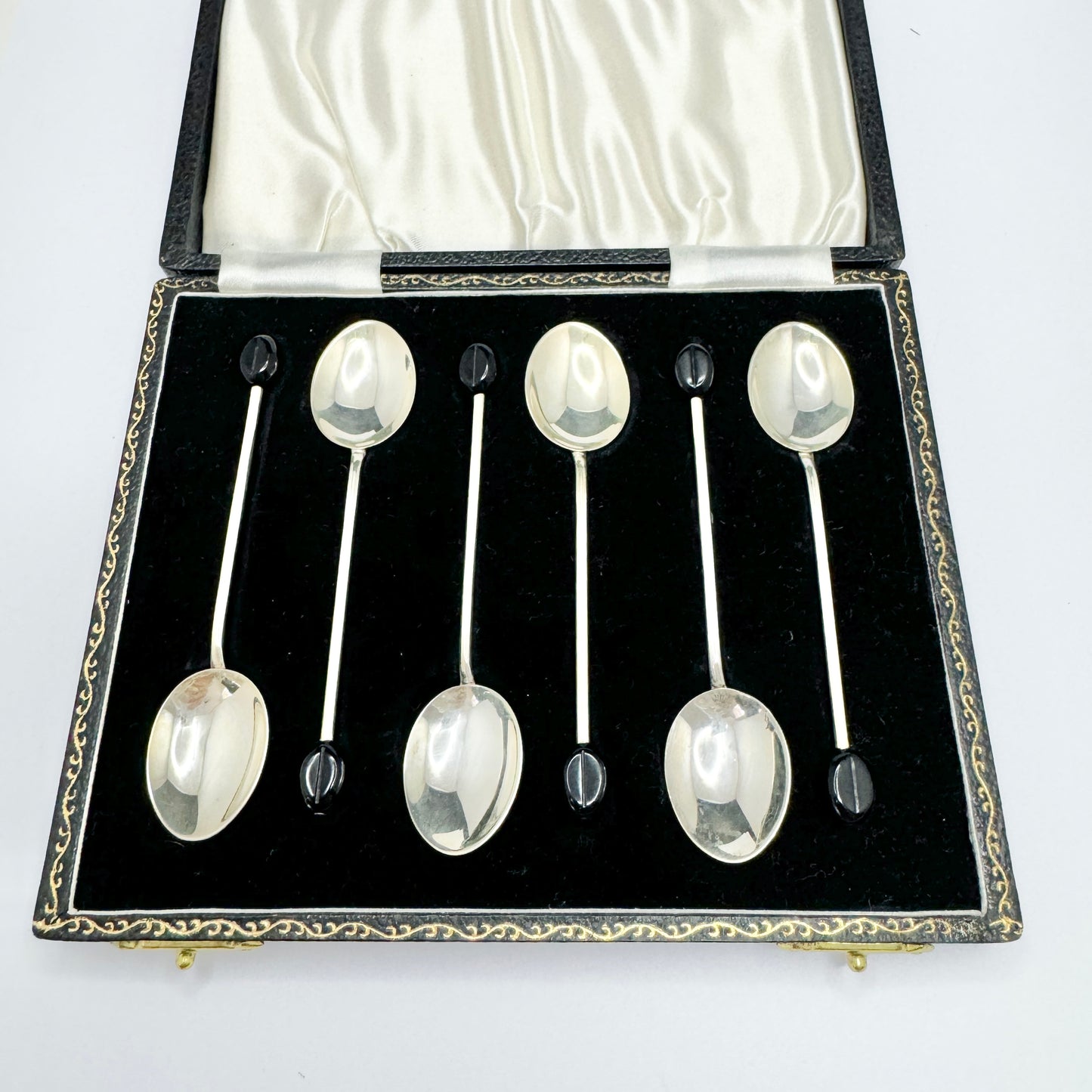 Henry Clifford Davis, Birmingham 1954. Vintage Sterling Silver Enamel Coffee Bean Spoons. Boxed.