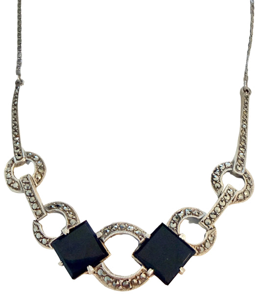 Vintage c 1930s Art Deco Solid Silver Onyx Marcasite Necklace.