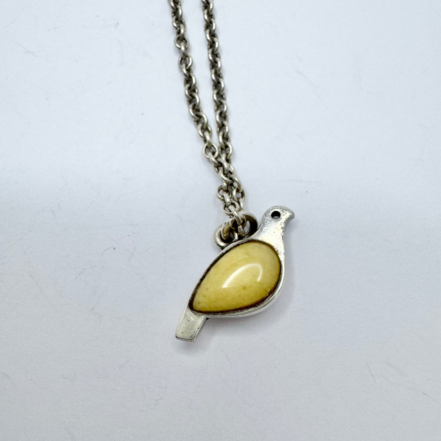 JAN, Finland. Vintage Sterling Silver Hardstone Bird Pendant Necklace.