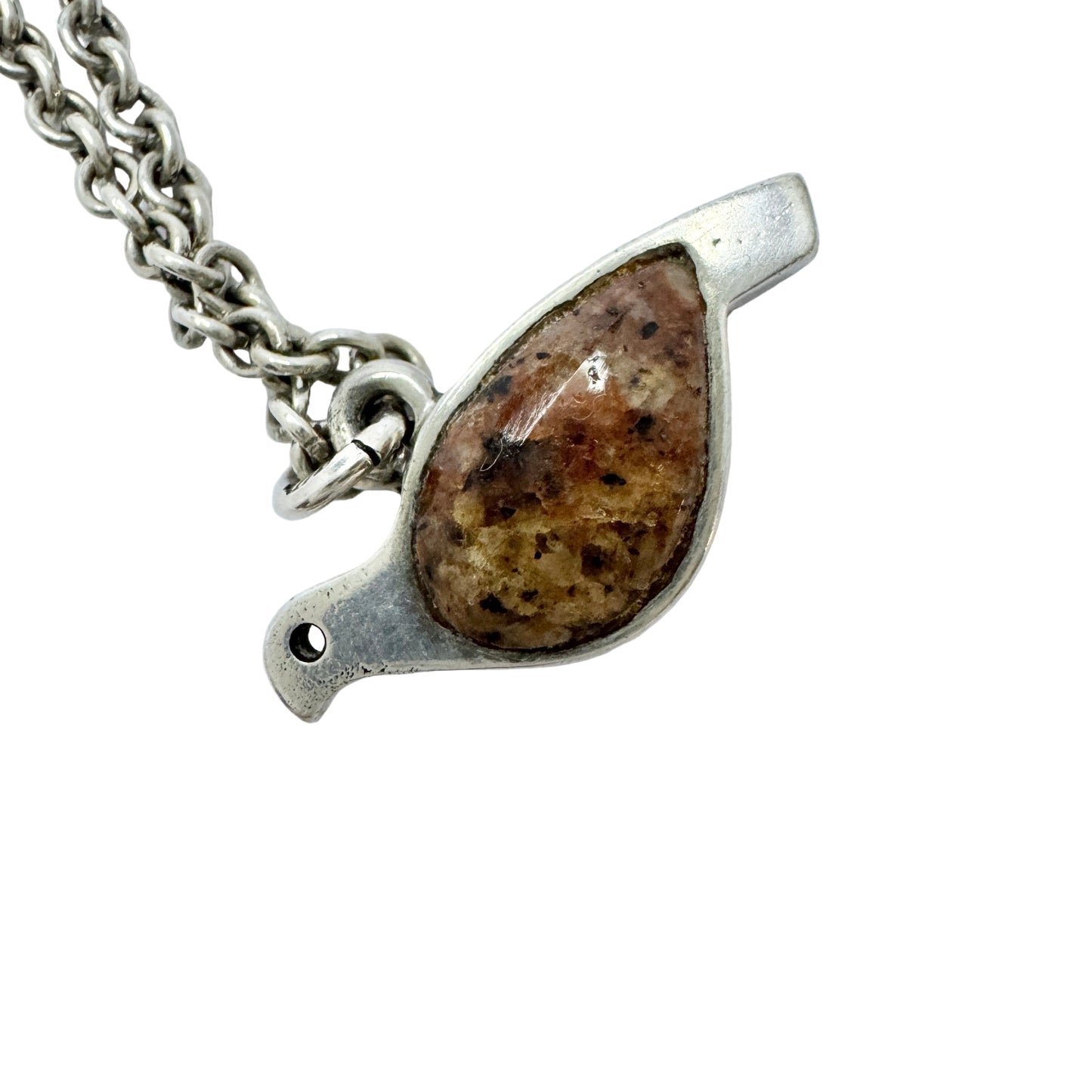 JAN, Finland. Vintage Sterling Silver Hardstone Bird Pendant Necklace.