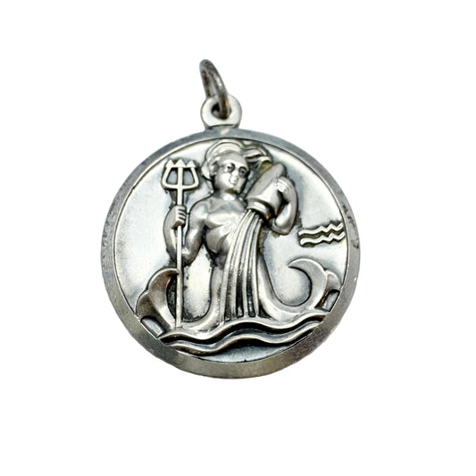 Vintage c 1960 Sterling Silver Zodiac Aquarius Pendant.