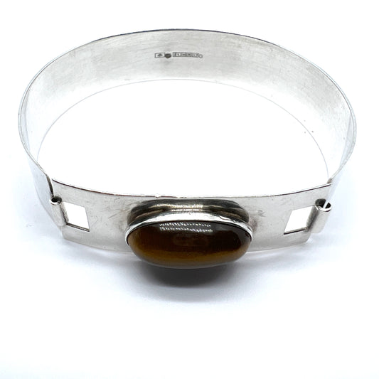 Turun Hopea Finland 1962. Vintage Solid Silver Tiger's Eye Hinged Bangle Bracelet.