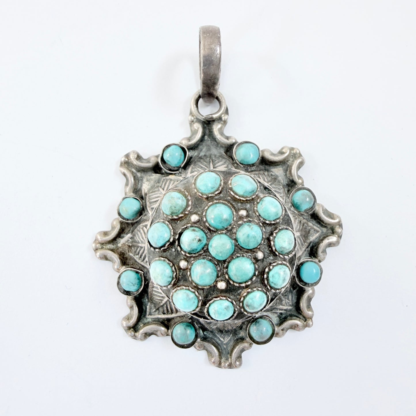 Eastern Mediterranean. Chunky Vintage Sterling Silver Turquoise Pendant.