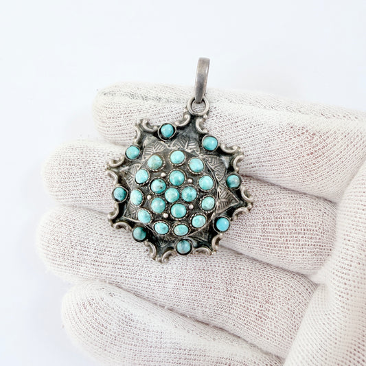Eastern Mediterranean. Chunky Vintage Sterling Silver Turquoise Pendant.