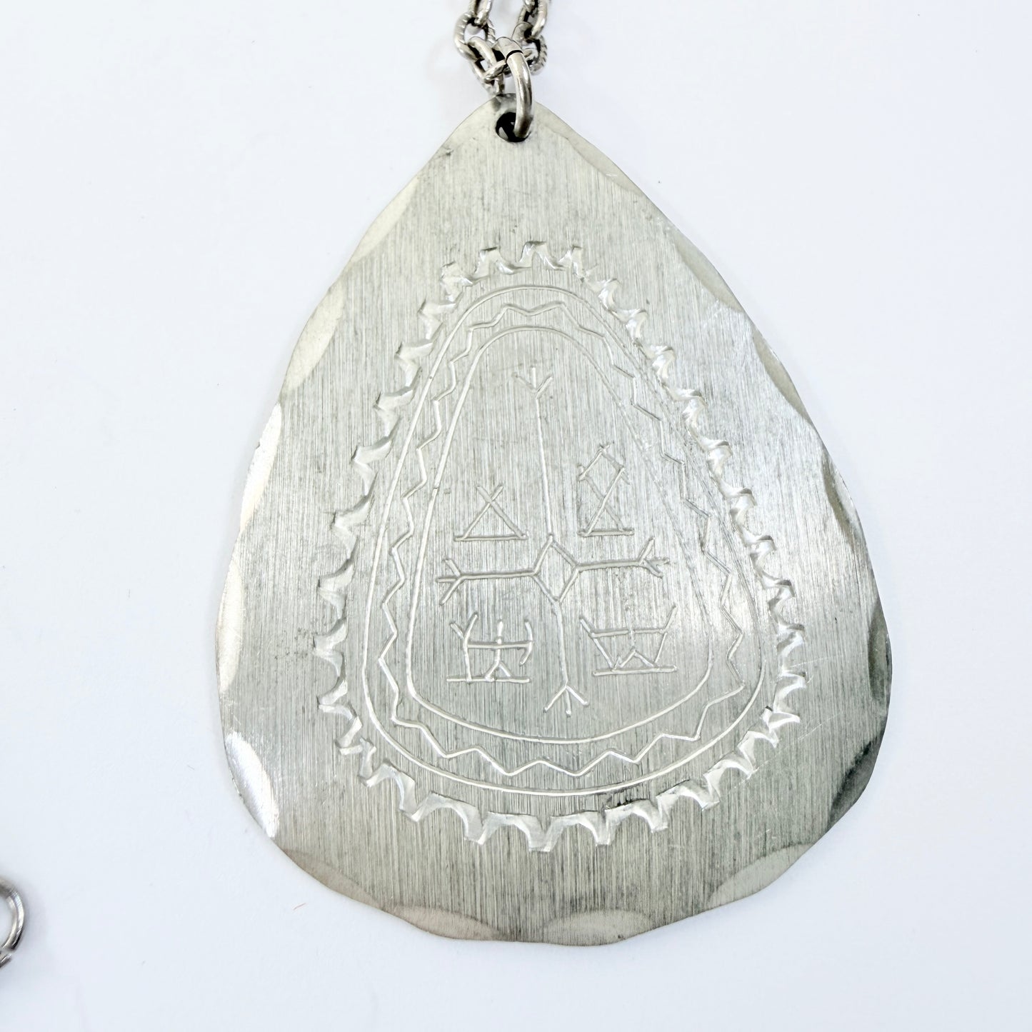 Sweden 1979. Vintage Pewter Sami / Laplander Shaman Drum Pendant Necklace.