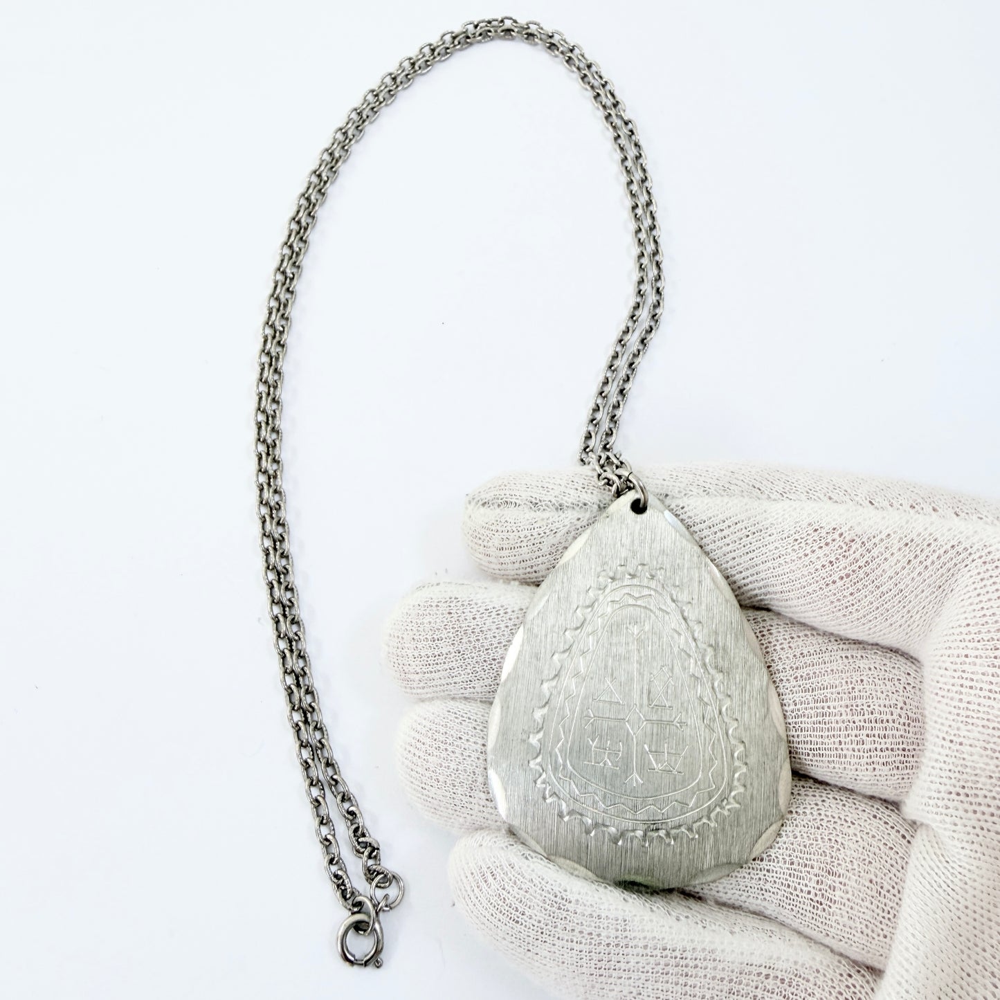 Sweden 1979. Vintage Pewter Sami / Laplander Shaman Drum Pendant Necklace.