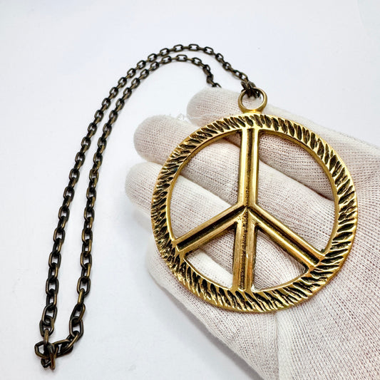 Gewe, Sweden 1970s. Huge Hippie-era Bronze Peace Symbol Pendant Necklace.