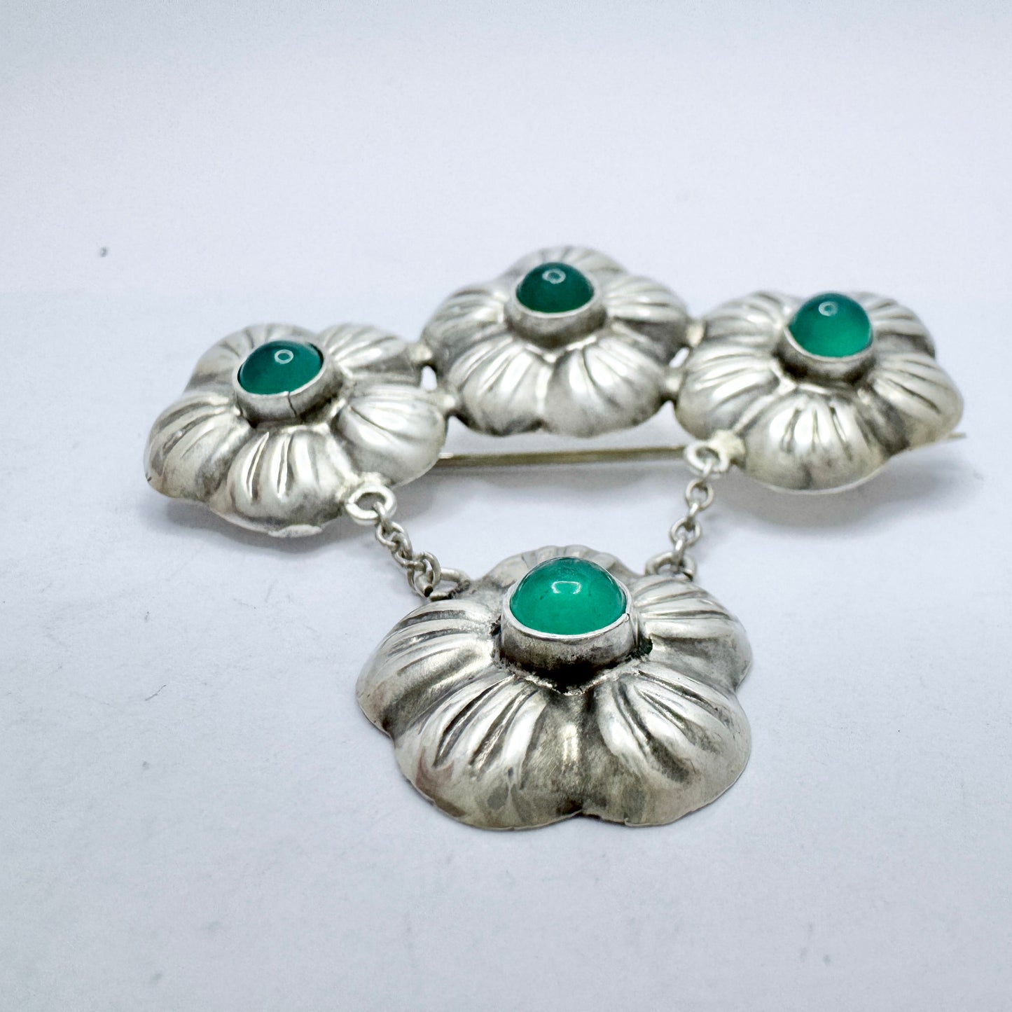 Hans Christian Siiger, Denmark, ca 1920s. Vintage Solid Silver Chrysoprase Brooch.
