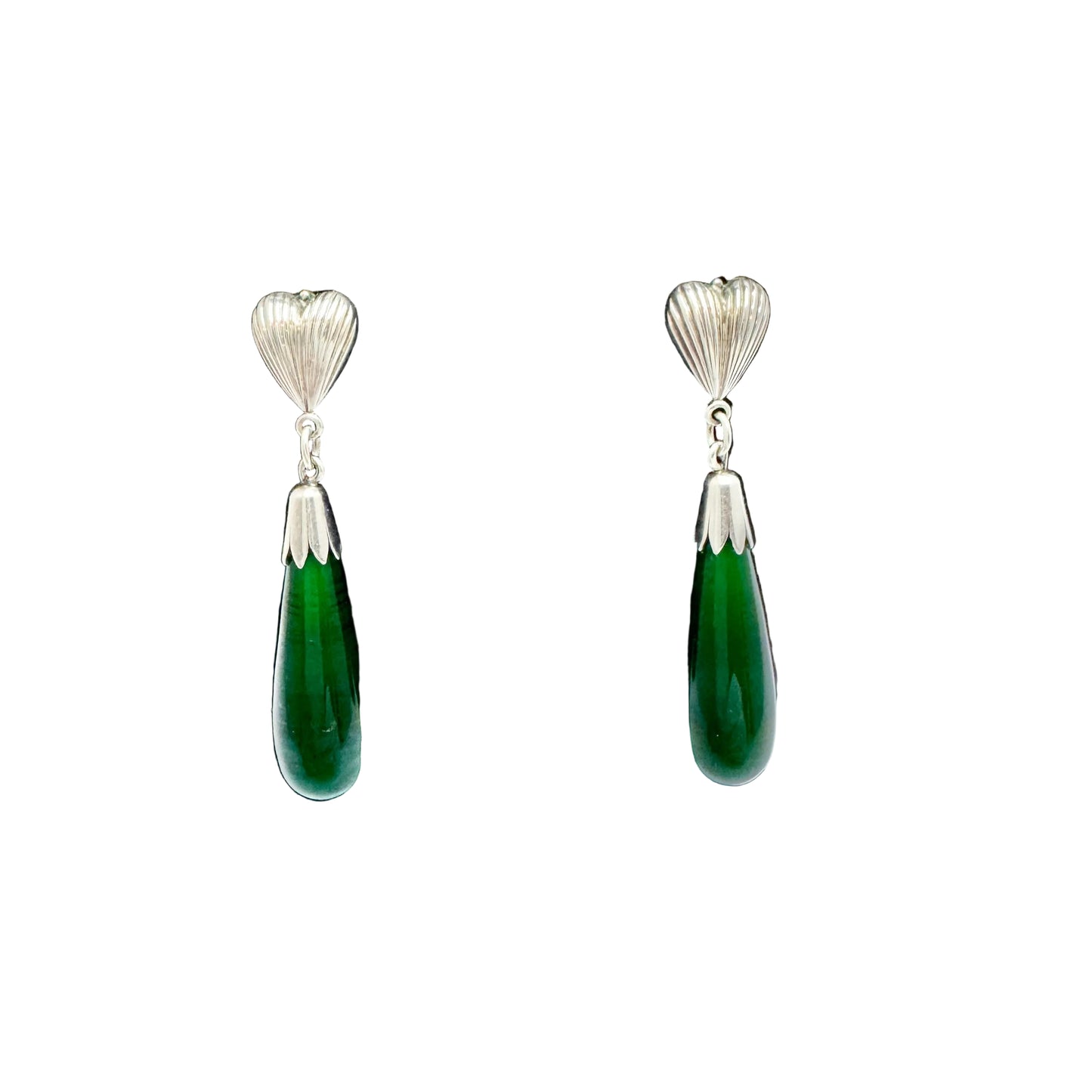 Svedboms, Sweden c 1940s. Solid Silver Deep Forest Green Agate Drop Dangle Earrings.
