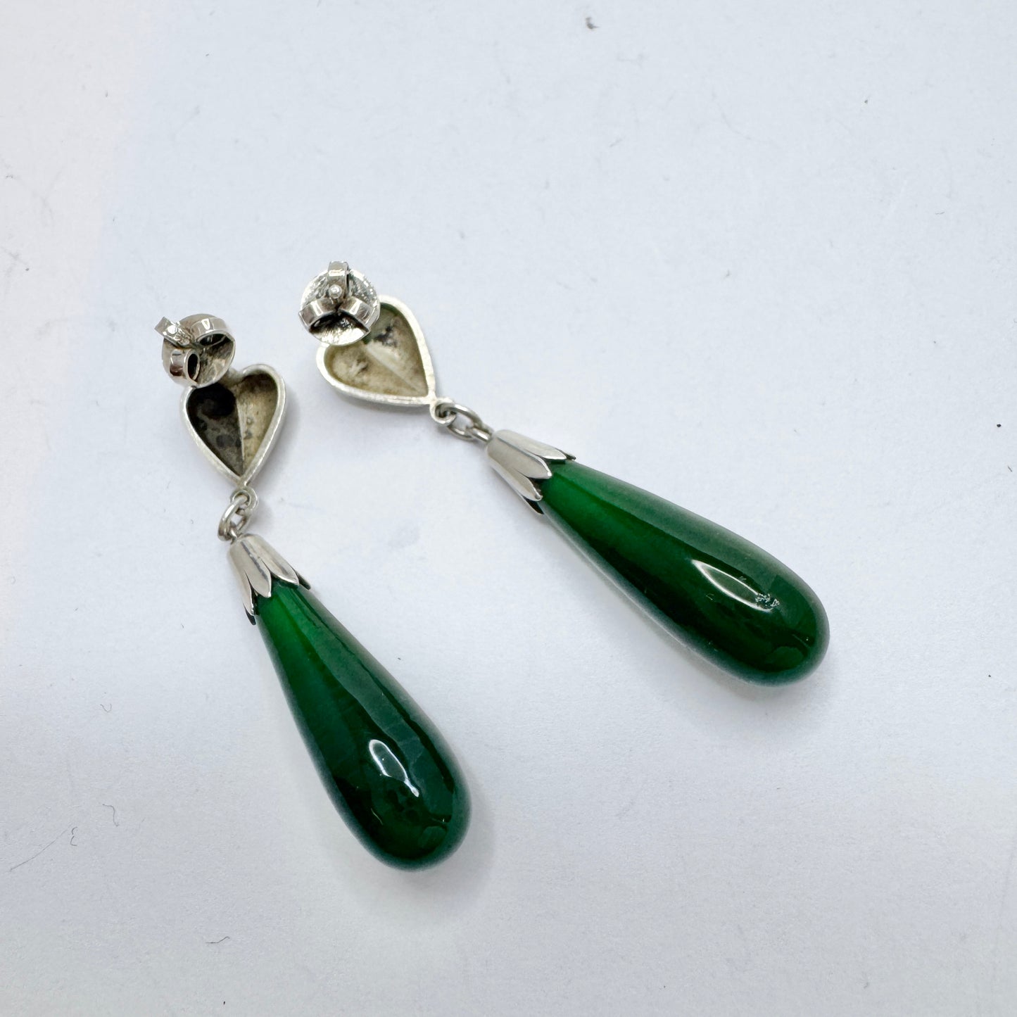 Svedboms, Sweden c 1940s. Solid Silver Deep Forest Green Agate Drop Dangle Earrings.
